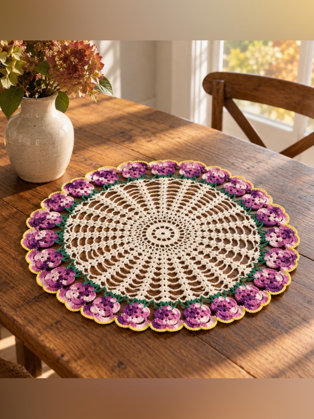 Vintage Hand Crochet Pansy Doily 16” Purple Pink Floral Cottagecore Table Topper